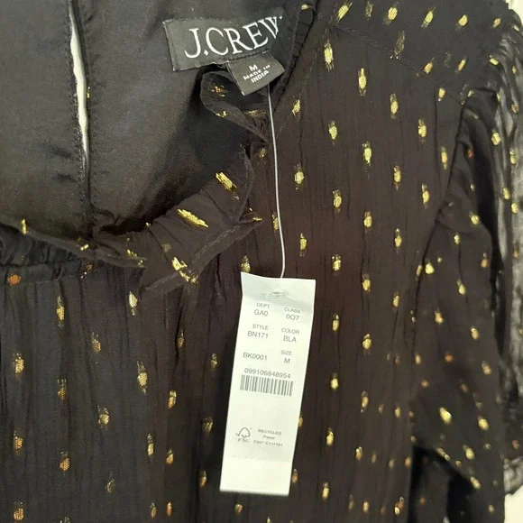NWT J. Crew Women's Black and Gold Chiffon Smocked Puff Sleeve Top in Size M - Picture 8 of 8